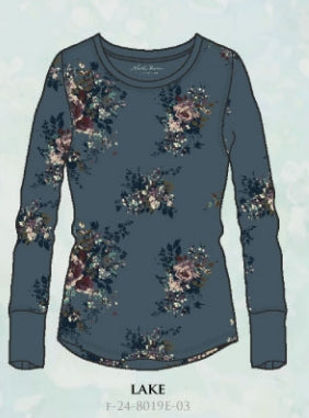 Print mini waffle crew w/metal button on sleeve - Forest