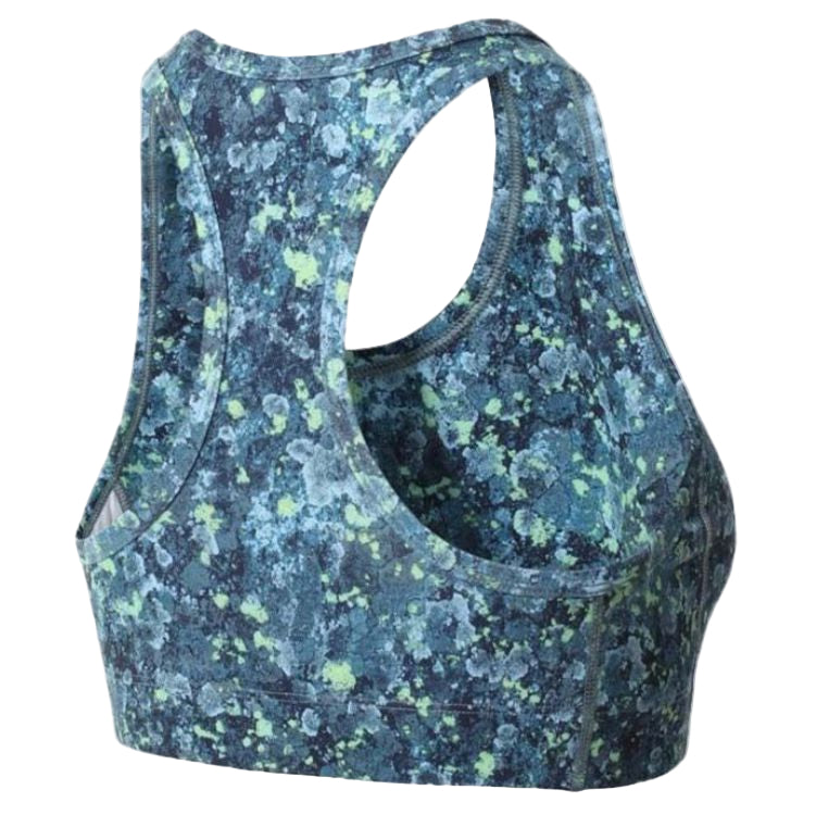 The back of a patterned sports bra on a white background